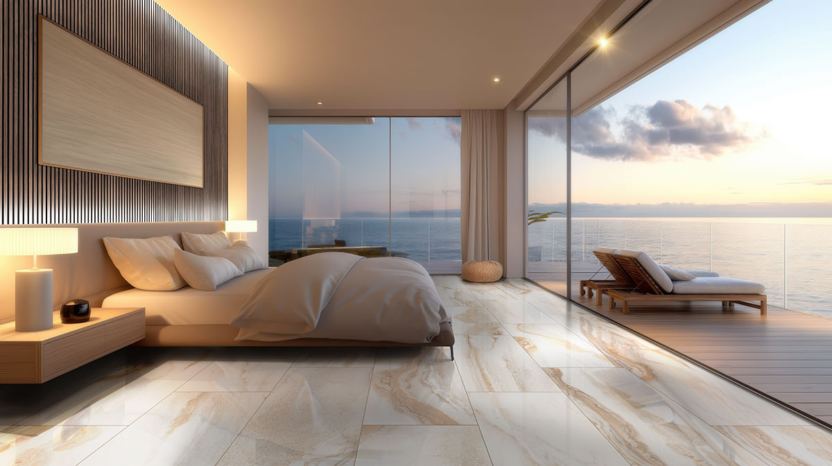 MSI Exotika Nebula Almond 24 x 48 Polished Porcelain tile (NWGNEBALM2448P) – MSI room scene (bedroom)