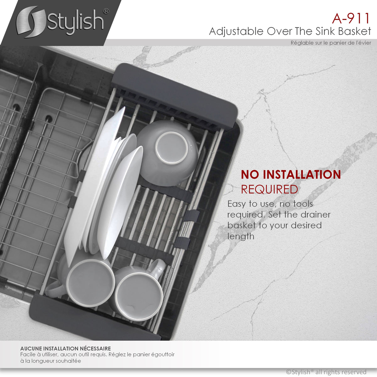 Stylish Adjustable Over the Sink Stainless Steel Dish or Vegetable Drainer Basket A-911