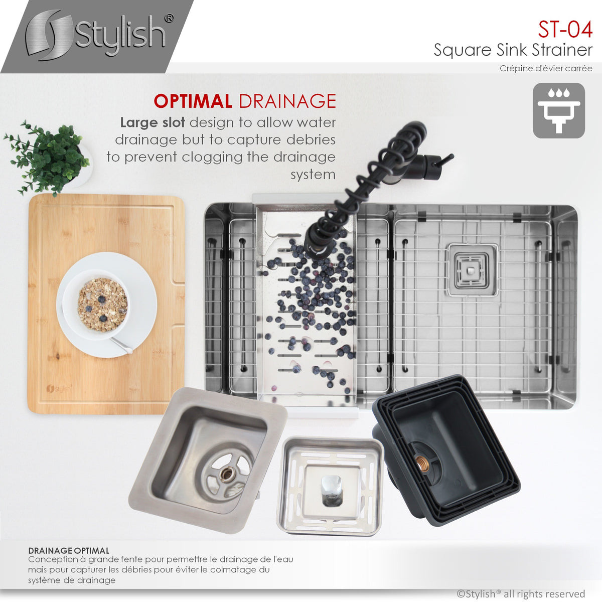 Stylish 3.5" Square Stainless Steel Kitchen Sink Strainer with Removable Basket ST-04