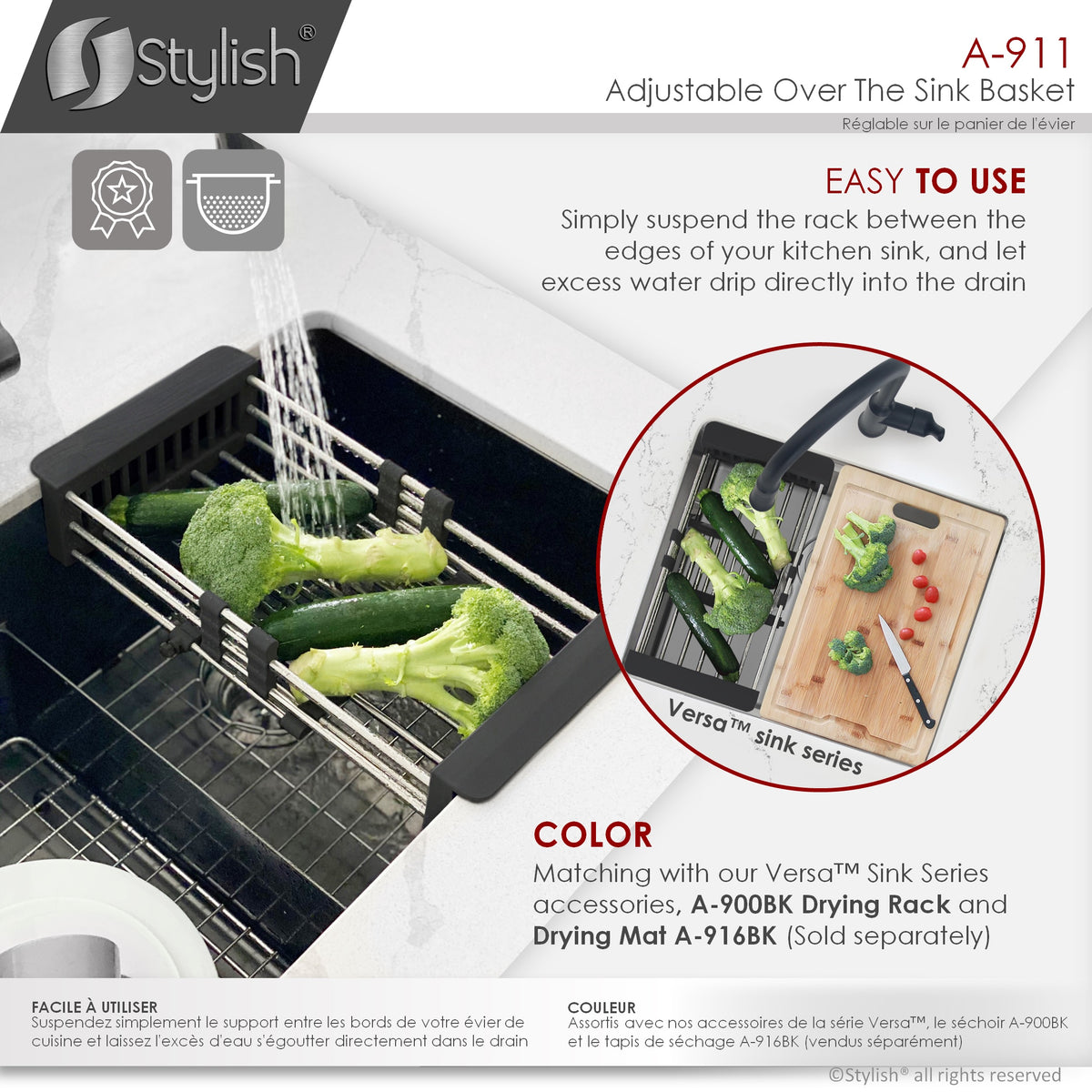 Stylish Adjustable Over the Sink Stainless Steel Dish or Vegetable Drainer Basket A-911