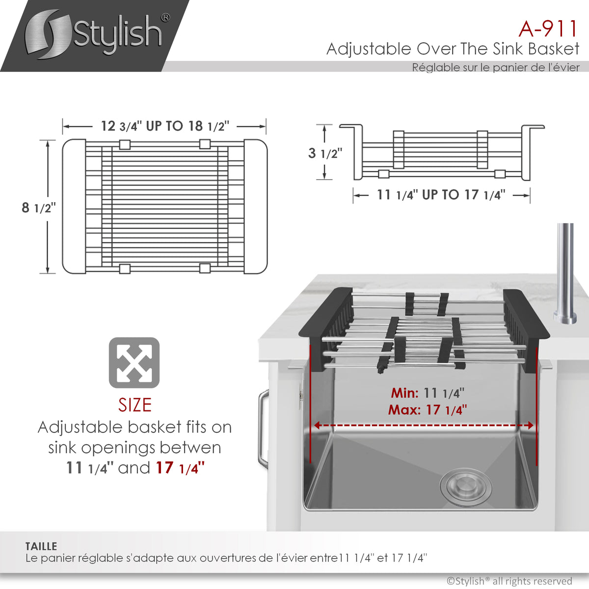 Stylish Adjustable Over the Sink Stainless Steel Dish or Vegetable Drainer Basket A-911