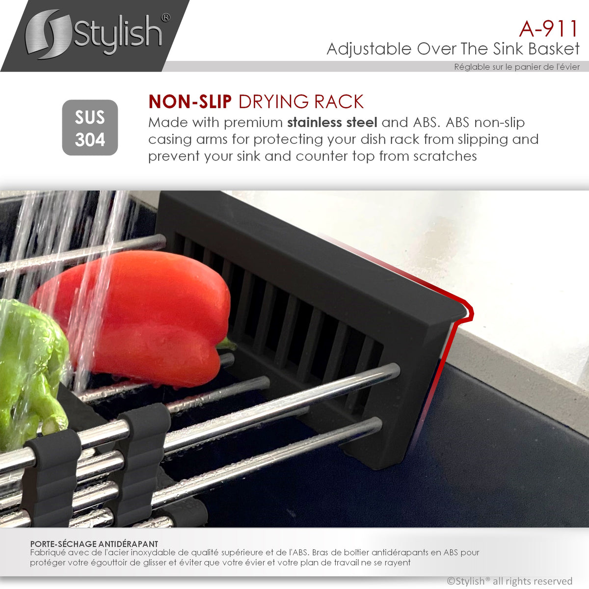 Stylish Adjustable Over the Sink Stainless Steel Dish or Vegetable Drainer Basket A-911