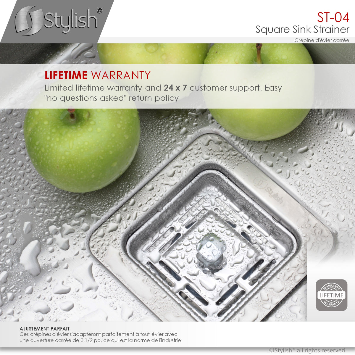 Stylish 3.5" Square Stainless Steel Kitchen Sink Strainer with Removable Basket ST-04