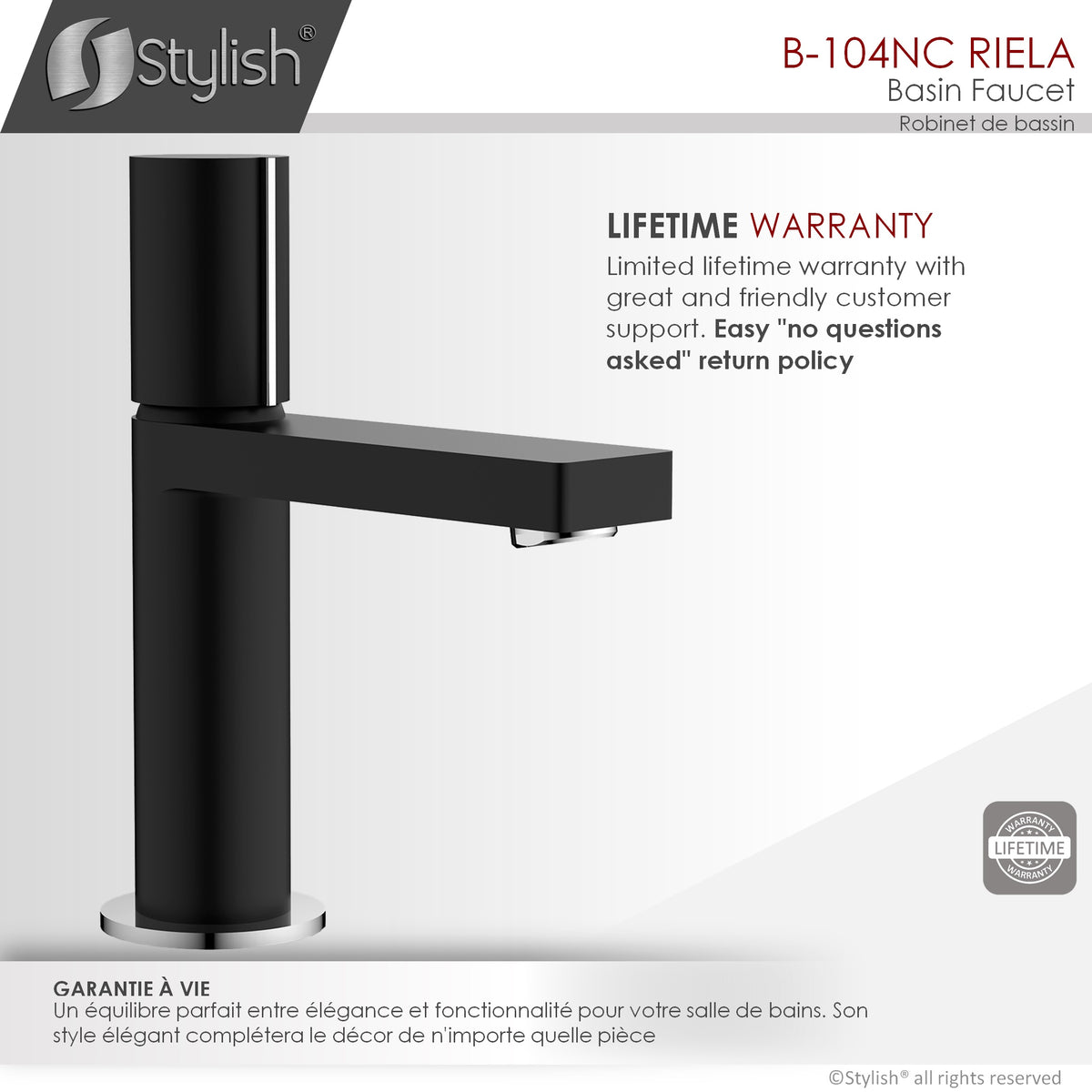 Stylish Riela Bathroom Faucet Single Handle Matte Black with Chrome B-104NC