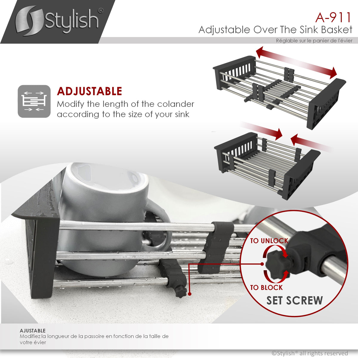 Stylish Adjustable Over the Sink Stainless Steel Dish or Vegetable Drainer Basket A-911