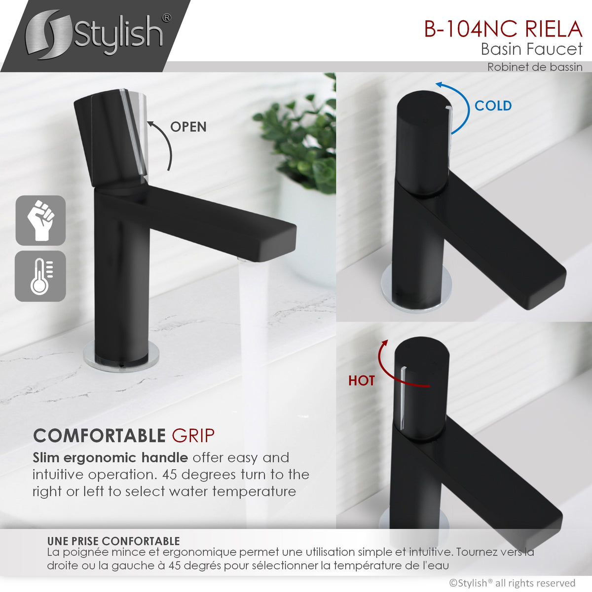 Stylish Riela Bathroom Faucet Single Handle Matte Black with Chrome B-104NC