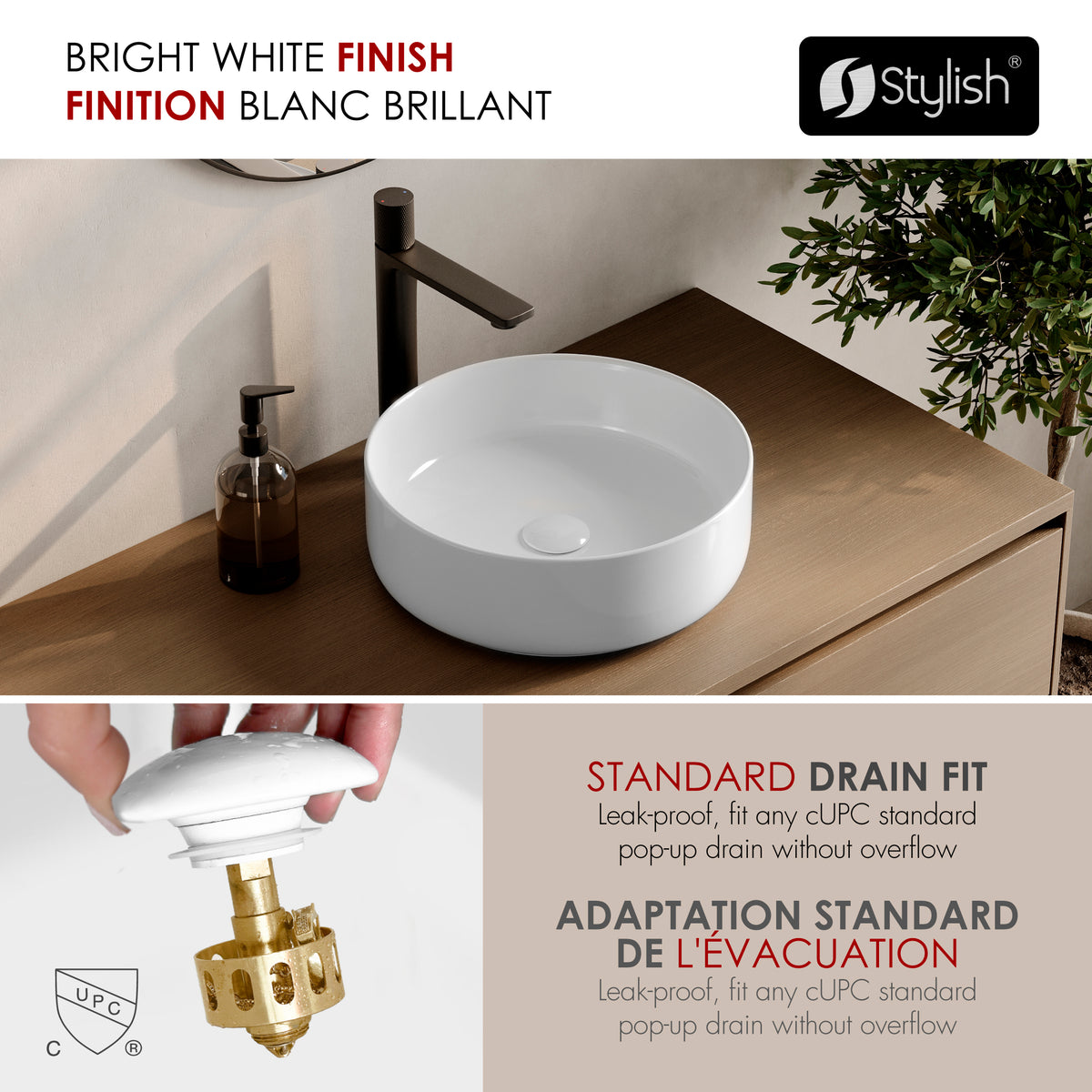 Stylish 14 1/8" White Glossy Round Vessel Bathroom Sink Set of 2 P-229H-2