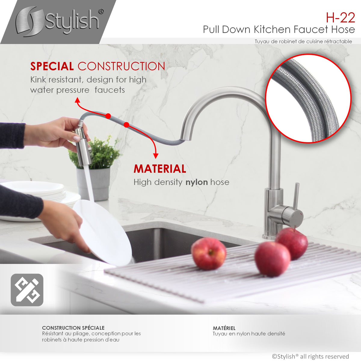 Stylish 61" Gray Nylon Replacement Hose for Pull Down Kitchen Faucets H-22
