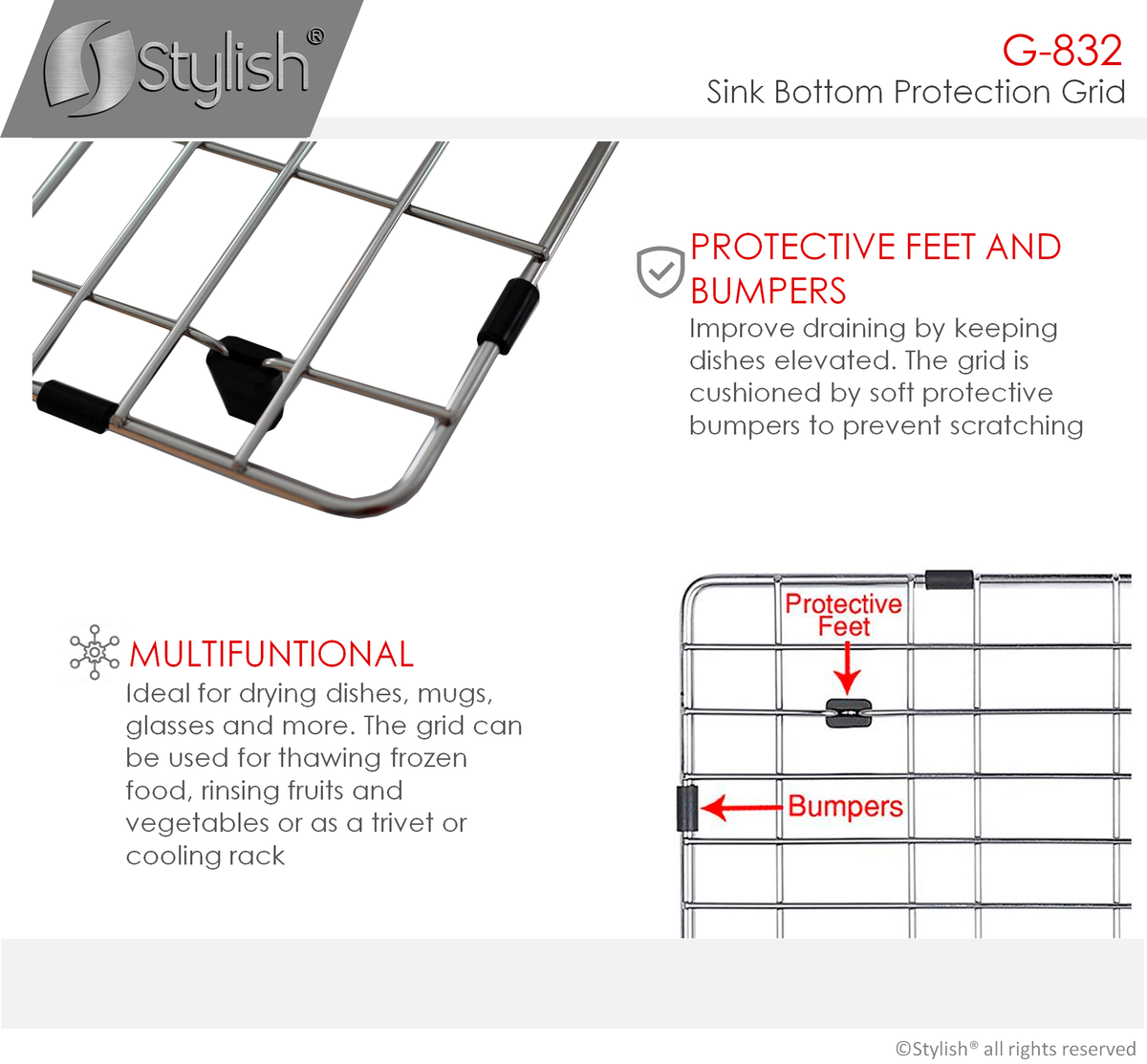 Stylish Canmore Stainless Steel Sink Grid for S-832W Sink G-832