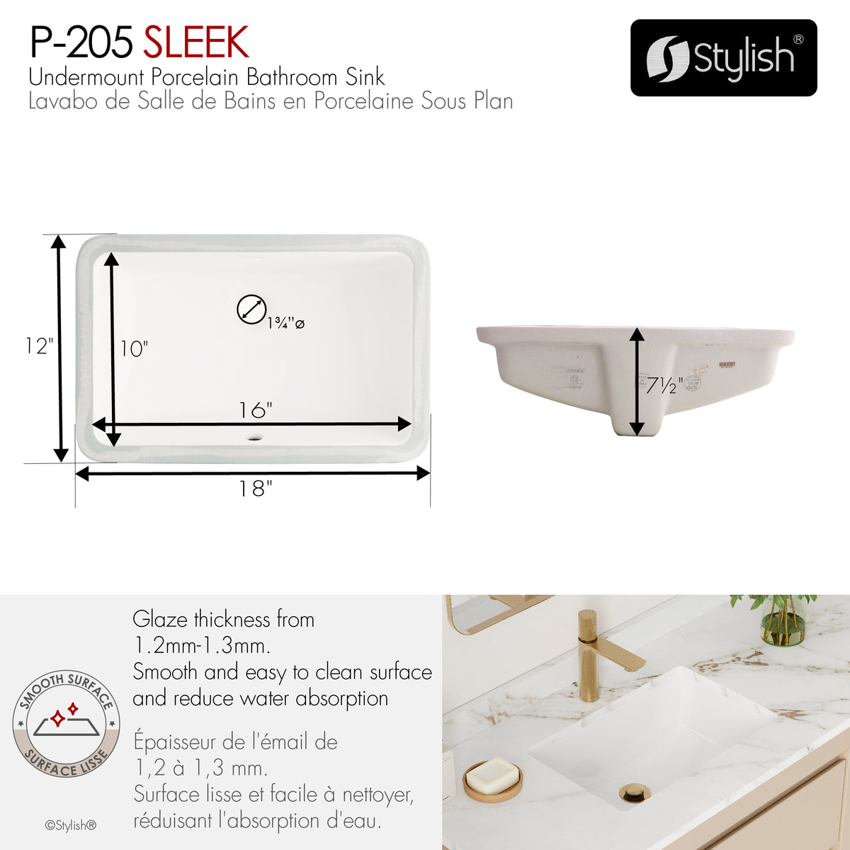 Stylish Sleek 18" White Rectangular Undermount Bathroom Sink Set of 2 P-205-2