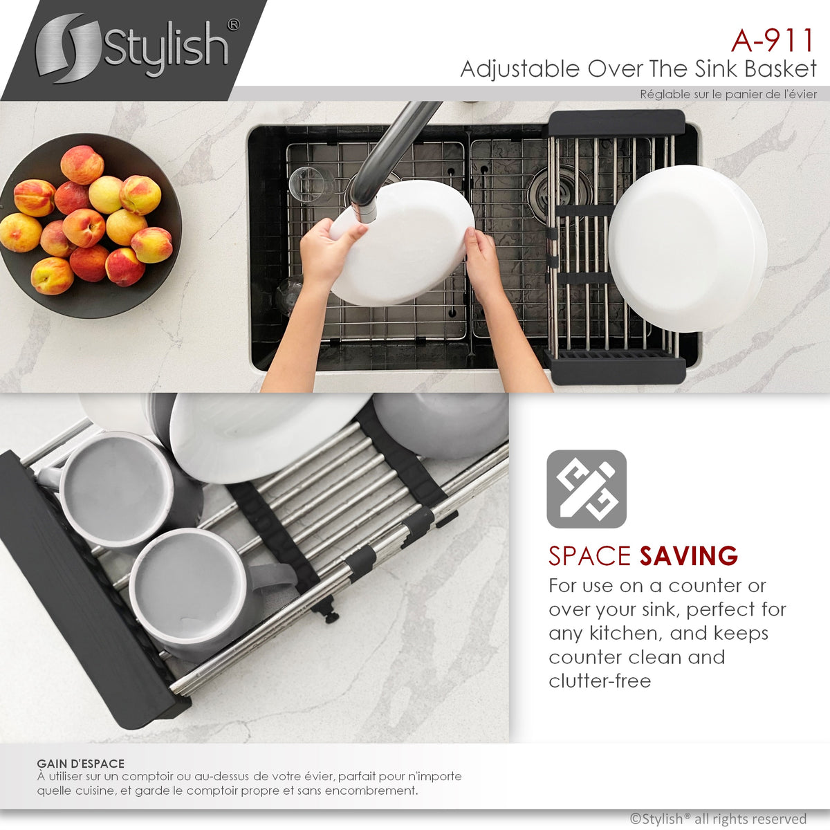 Stylish Adjustable Over the Sink Stainless Steel Dish or Vegetable Drainer Basket A-911