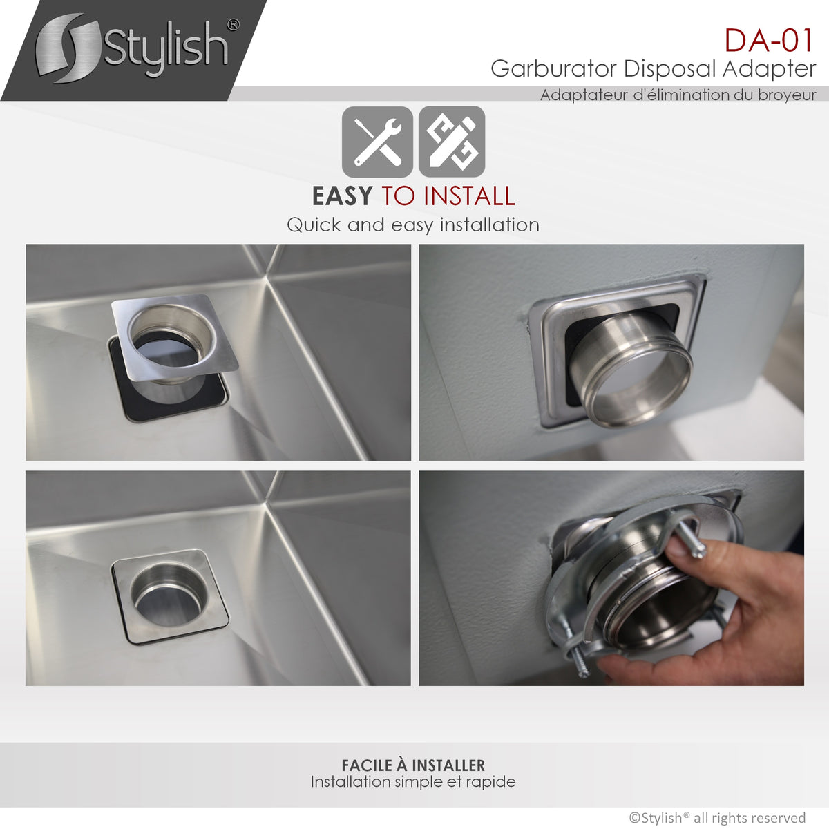 Stylish Stainless Steel Garburator Disposal Adapter for 3 1/2" Square Drain Hole DA-01