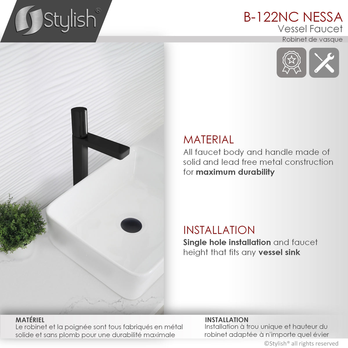 Stylish Nessa Bathroom Faucet Single Handle Matte Black with Chrome B-122NC
