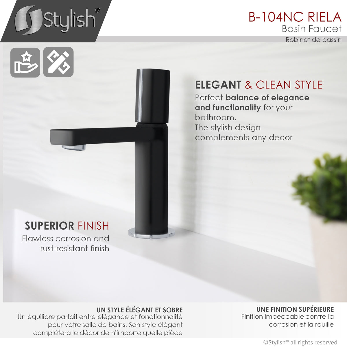 Stylish Riela Bathroom Faucet Single Handle Matte Black with Chrome B-104NC