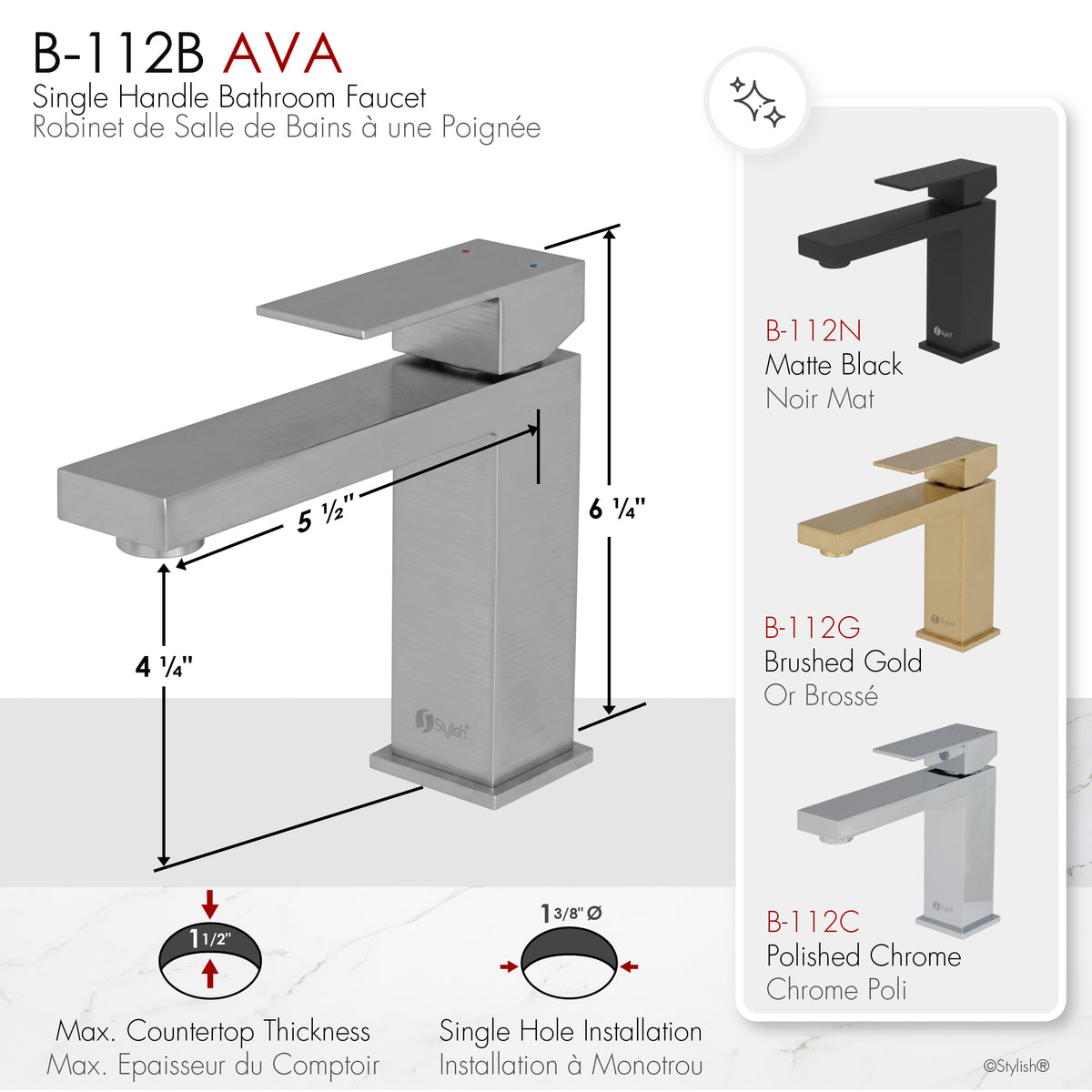 Stylish Ava Single Handle Bathroom Faucet B-112B