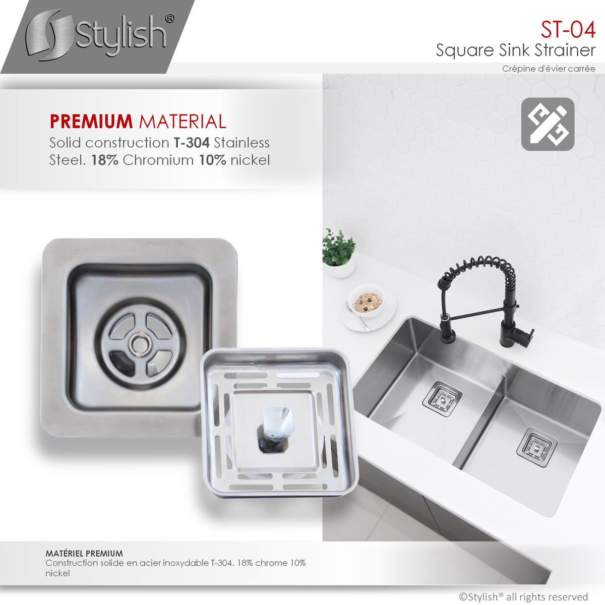 Stylish 3.5" Square Stainless Steel Kitchen Sink Strainer with Removable Basket ST-04