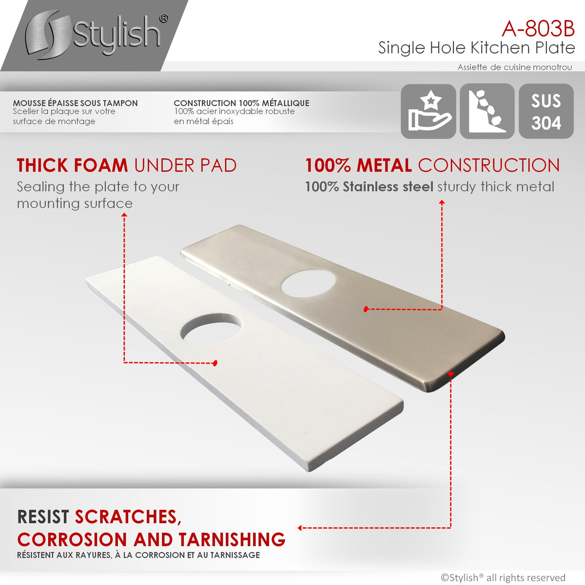 Stylish 10" Kitchen Deck Plate Brushed Nickel Square Shape A-803B