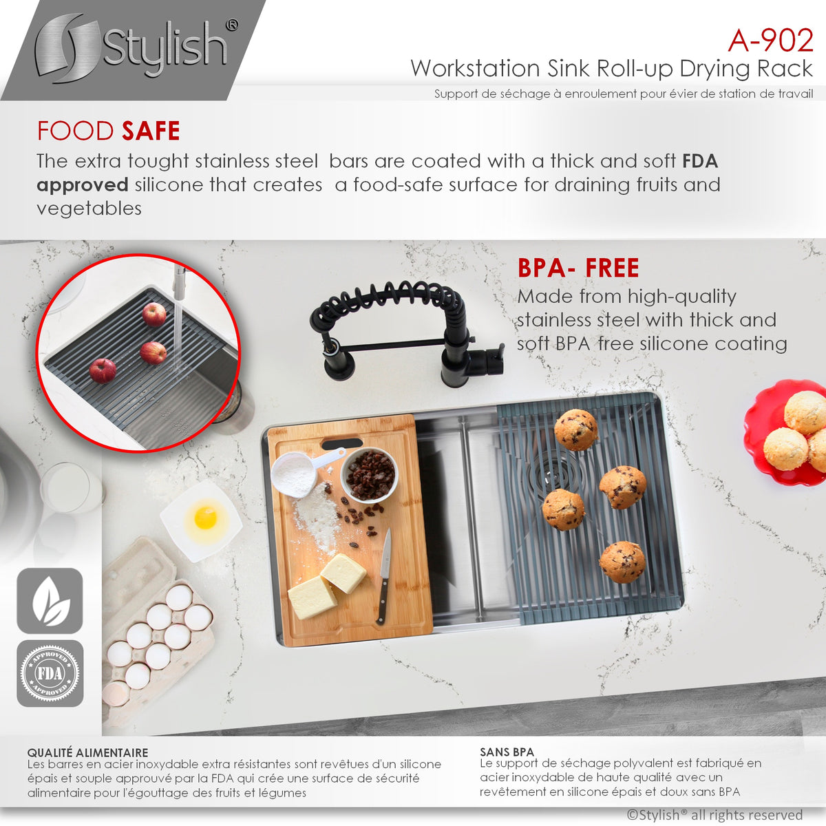 Stylish Multipurpose Over Sink Roll-Up Dish Drying Rack Dark Grey A-902DG