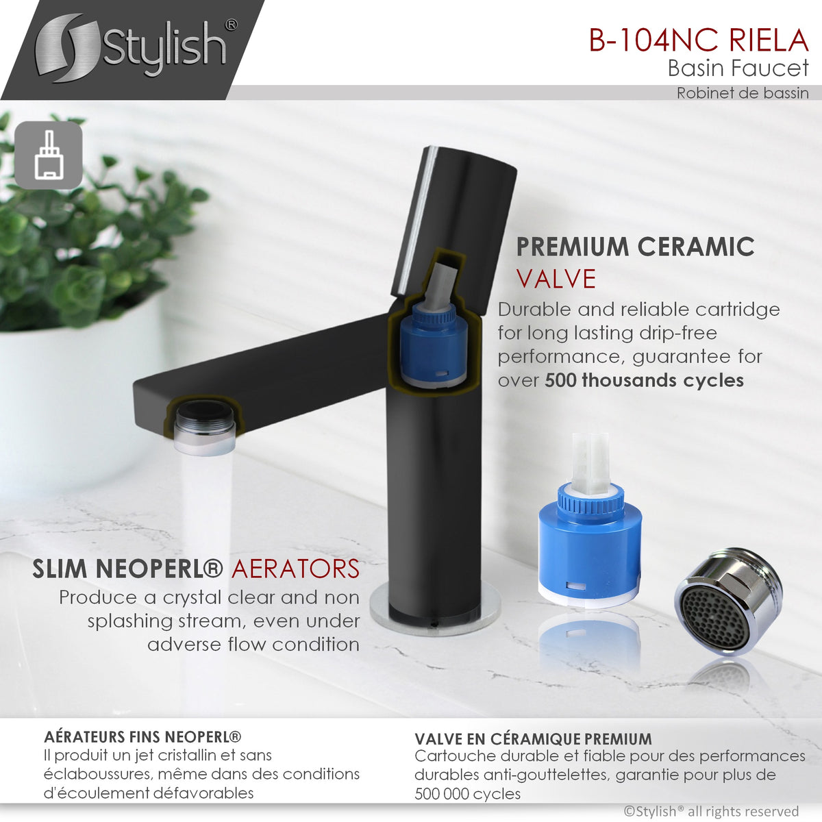 Stylish Riela Bathroom Faucet Single Handle Matte Black with Chrome B-104NC