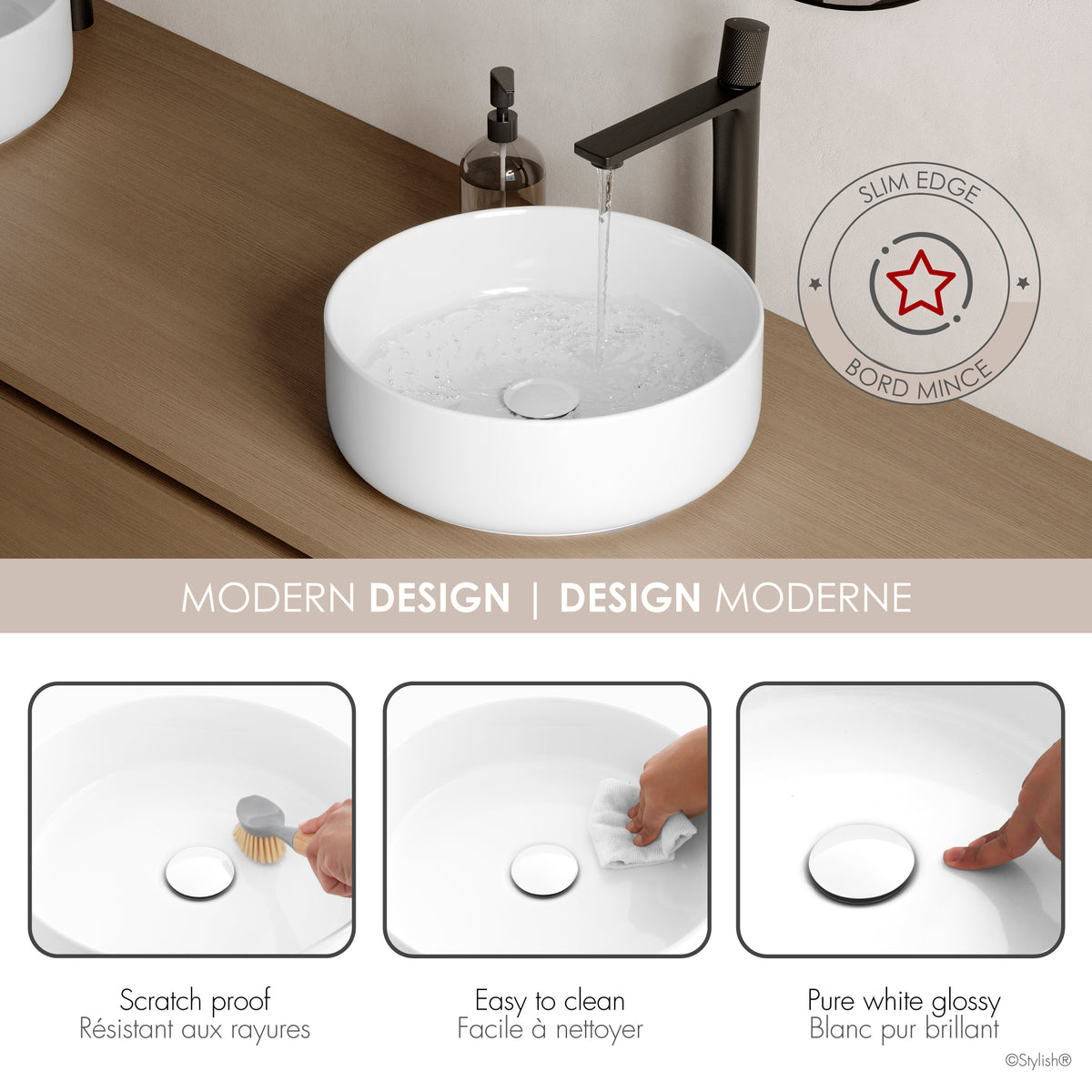 Stylish 14 1/8" White Glossy Round Vessel Bathroom Sink Set of 2 P-229H-2