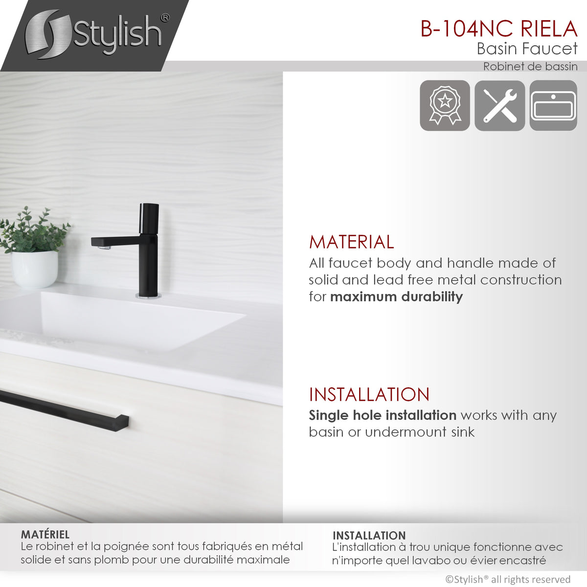 Stylish Riela Bathroom Faucet Single Handle Matte Black with Chrome B-104NC