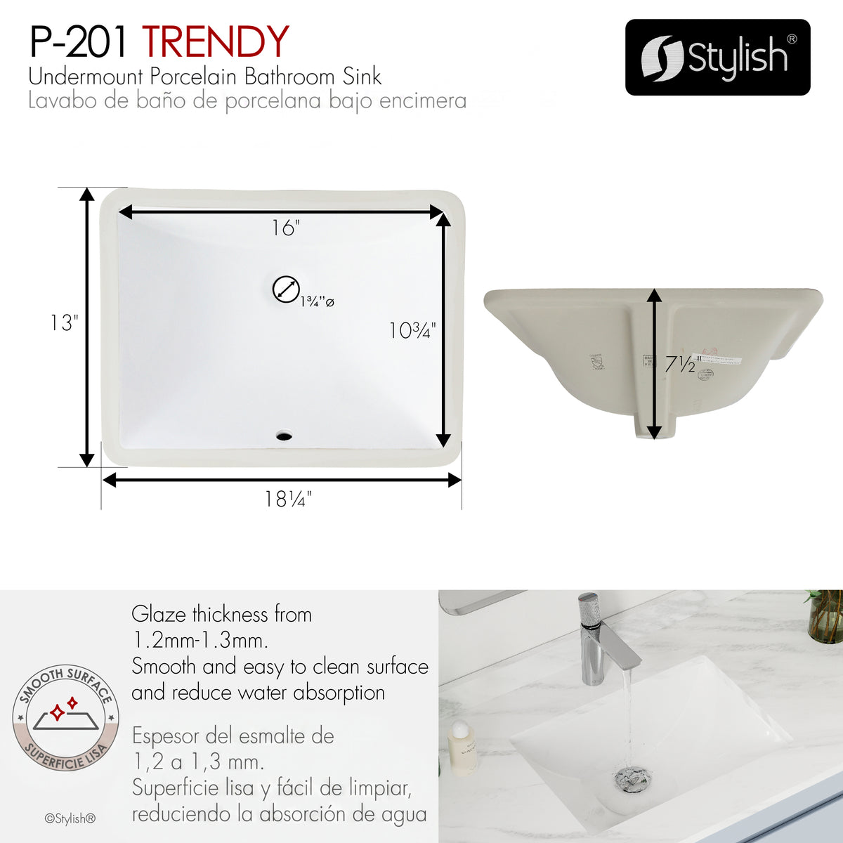 Stylish Trendy White Porcelain Undermount Basin Bathroom Sink Set of 2 P-201-2