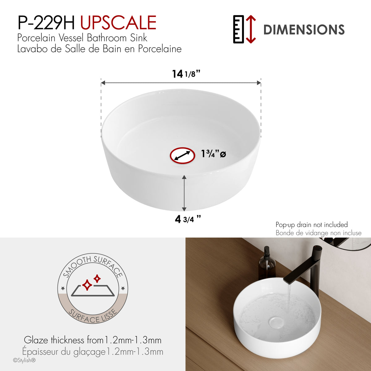 Stylish 14 1/8" White Glossy Round Vessel Bathroom Sink Set of 2 P-229H-2