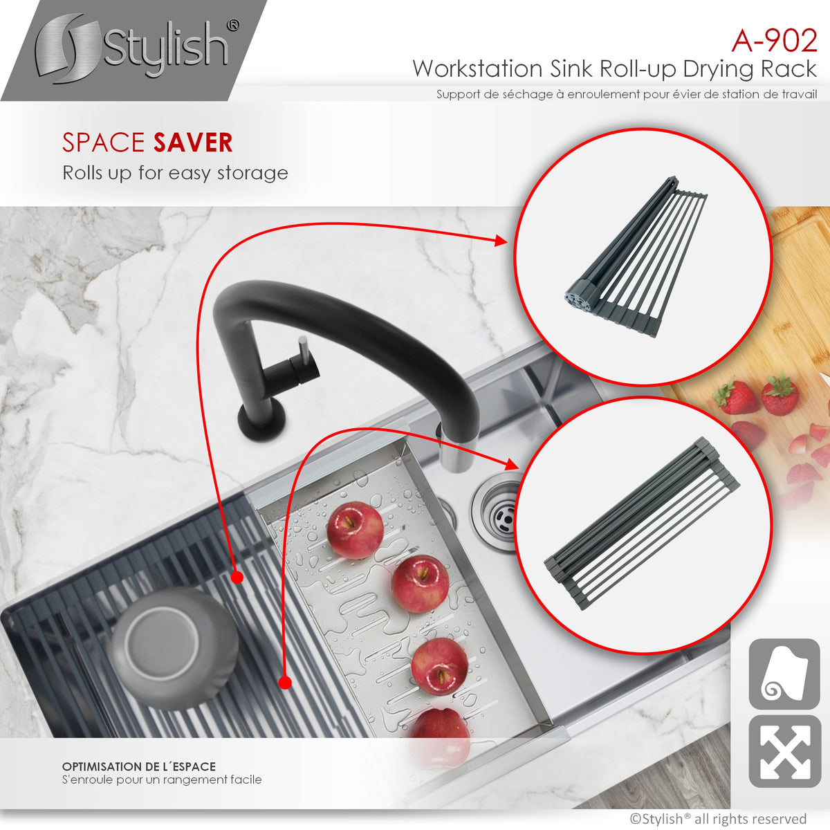 Stylish Multipurpose Over Sink Roll-Up Dish Drying Rack Dark Grey A-902DG