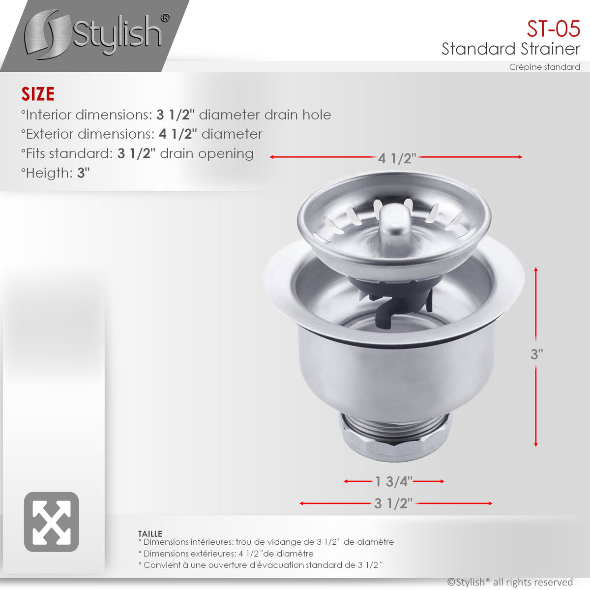 Stylish 3.5" Stainless Steel Kitchen Sink Strainer with Removable Basket Strainer Assembly ST05