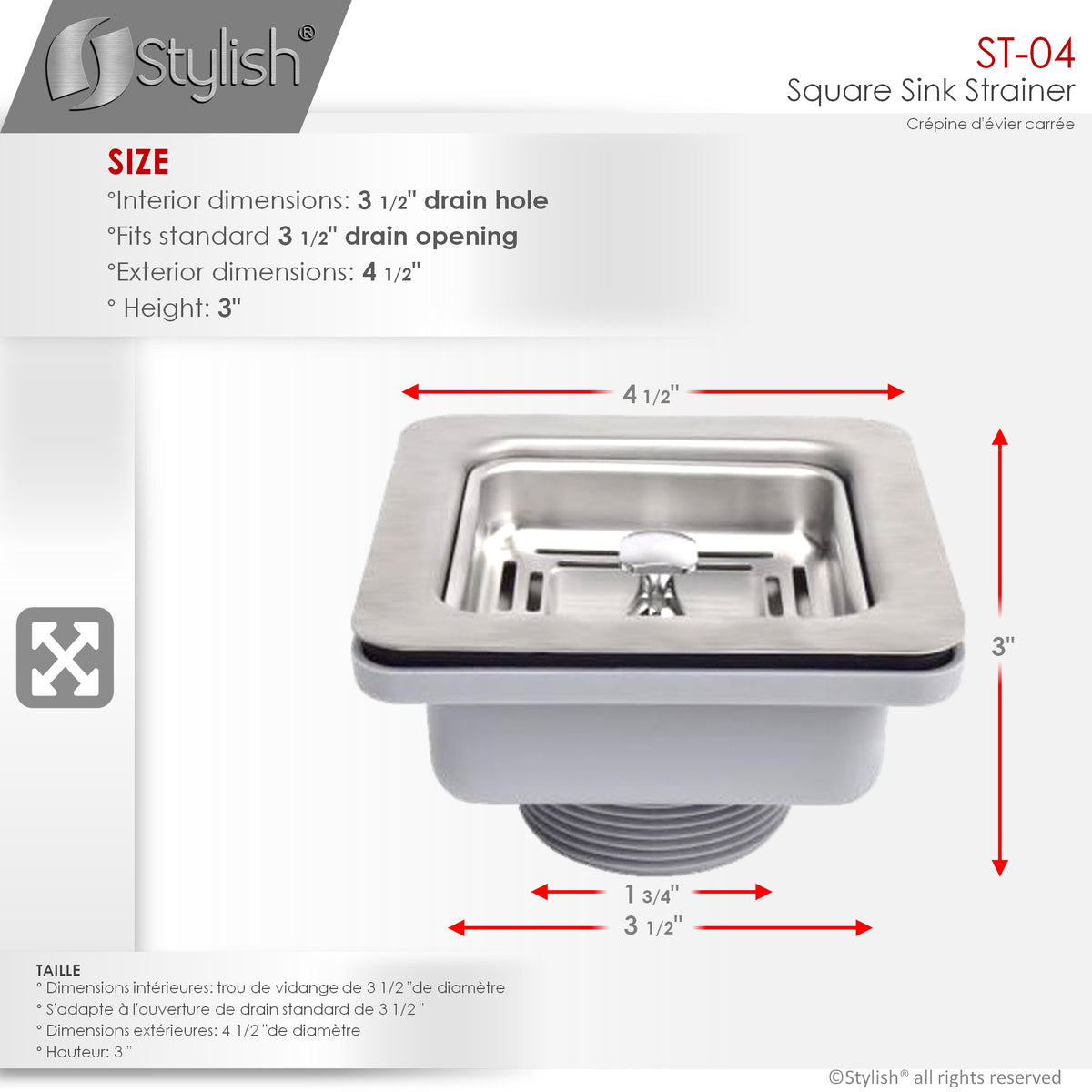 Stylish 3.5" Square Stainless Steel Kitchen Sink Strainer with Removable Basket ST-04