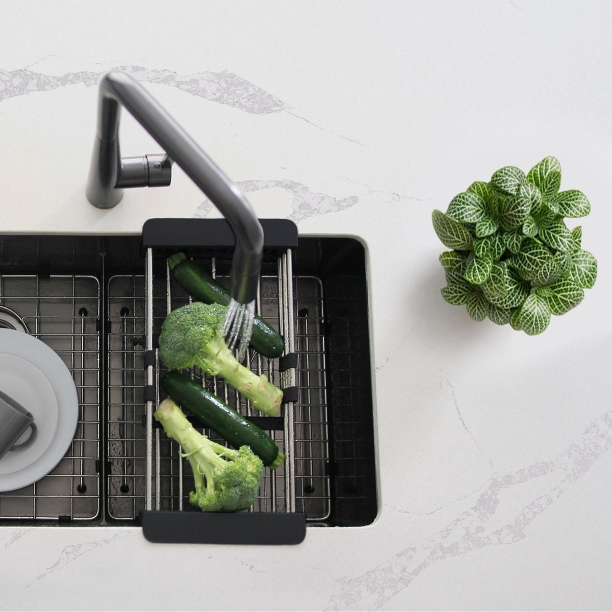 Stylish Adjustable Over the Sink Stainless Steel Dish or Vegetable Drainer Basket A-911