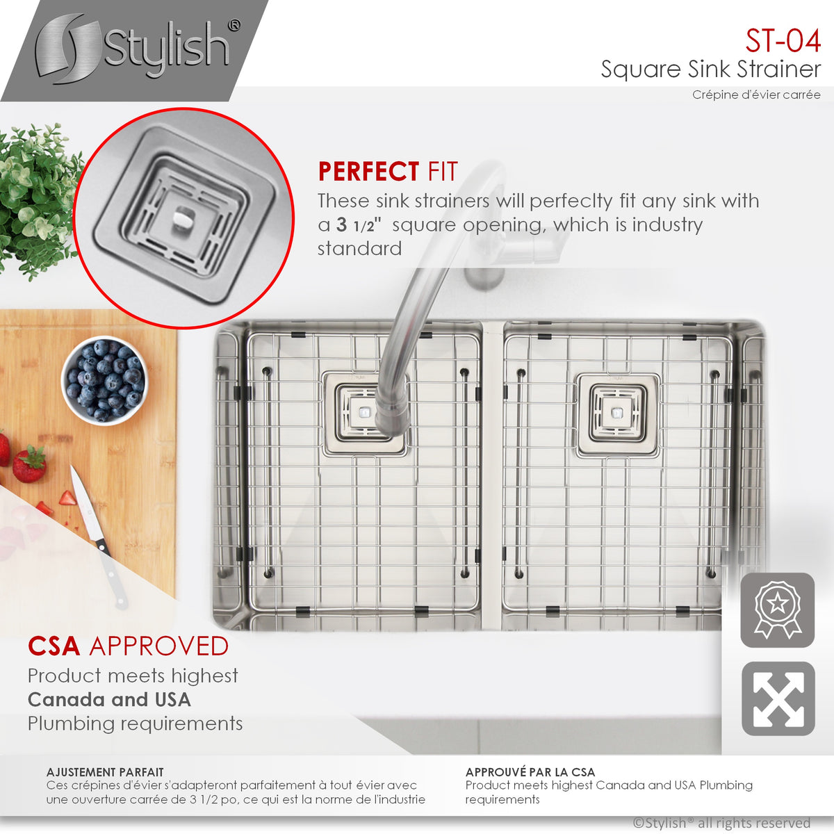 Stylish 3.5" Square Stainless Steel Kitchen Sink Strainer with Removable Basket ST-04