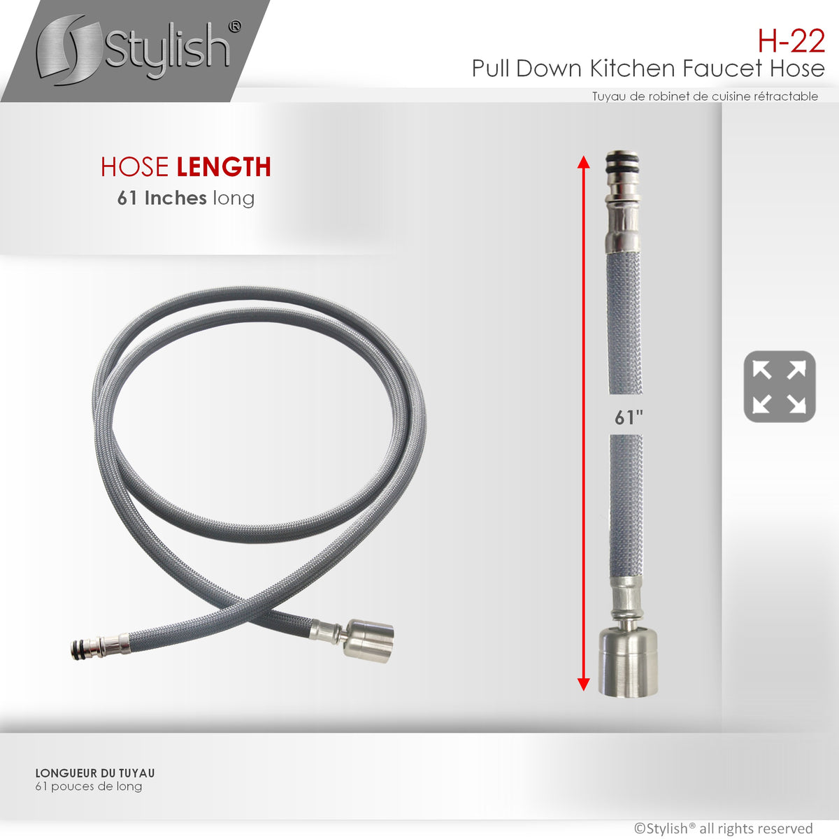 Stylish 61" Gray Nylon Replacement Hose for Pull Down Kitchen Faucets H-22