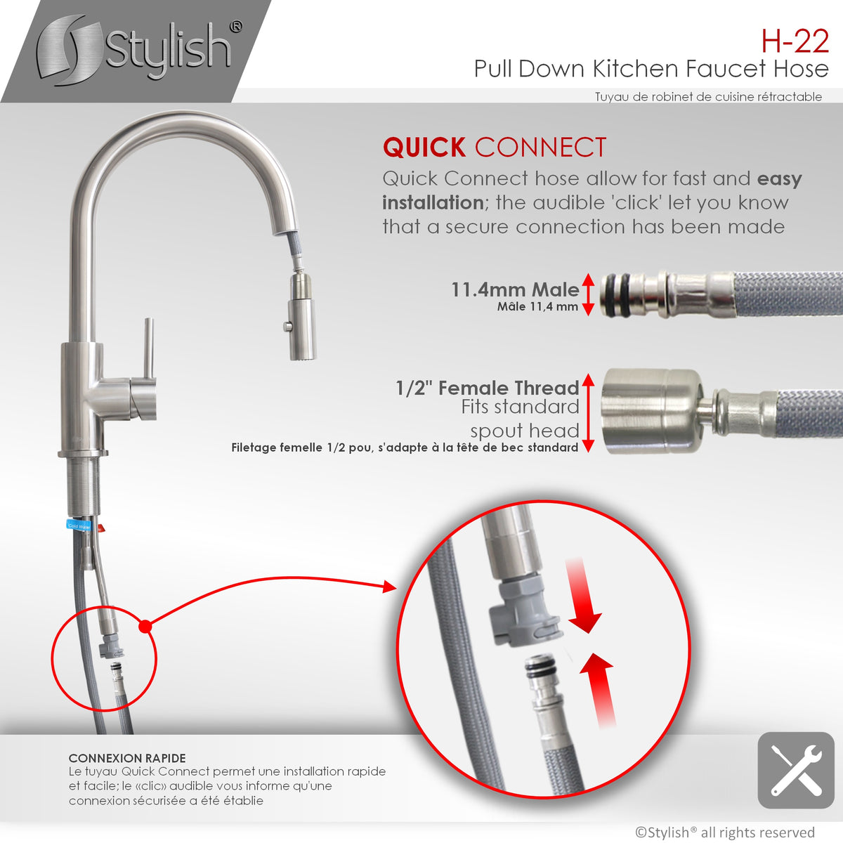 Stylish 61" Gray Nylon Replacement Hose for Pull Down Kitchen Faucets H-22