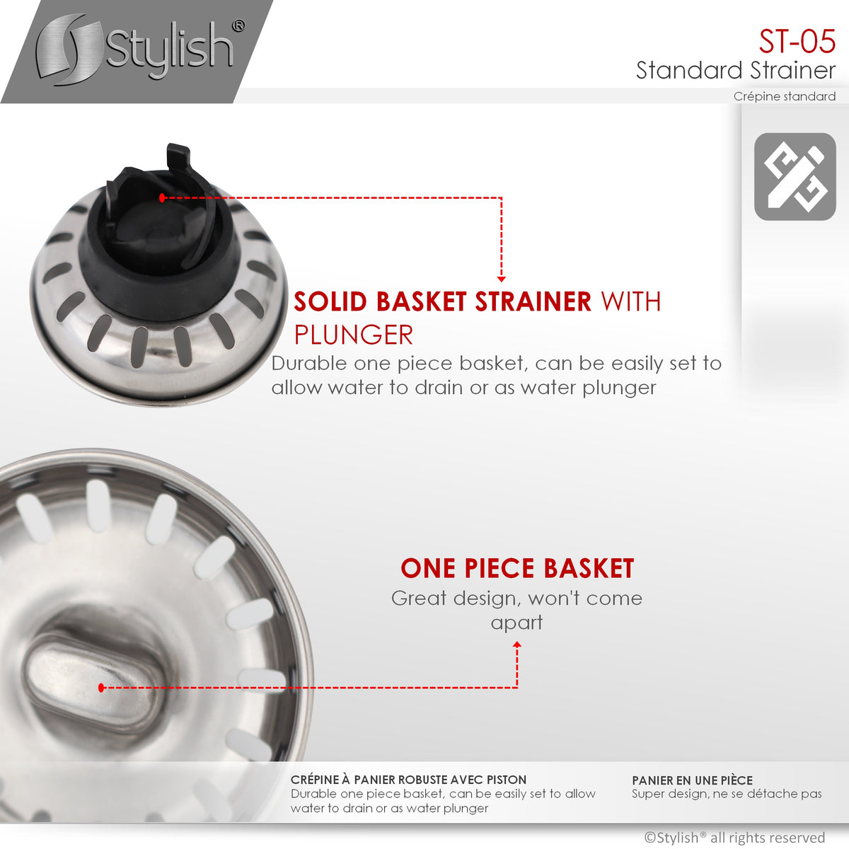 Stylish 3.5" Stainless Steel Kitchen Sink Strainer with Removable Basket Strainer Assembly ST05
