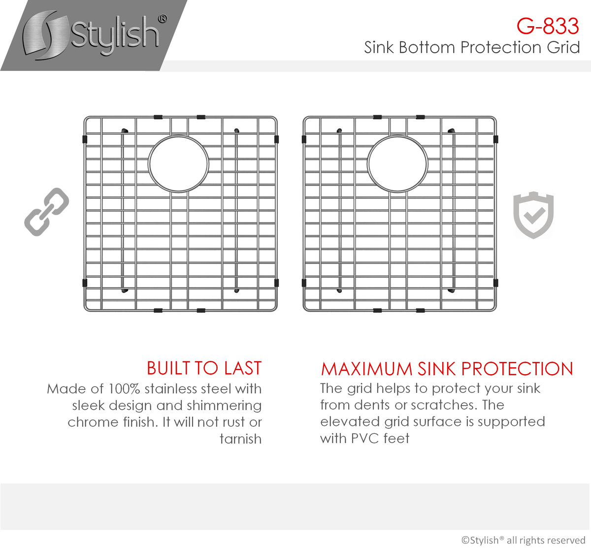 Stylish Banff Stainless Steel Sink Grid Set of 2 for S-833W Sink G-833