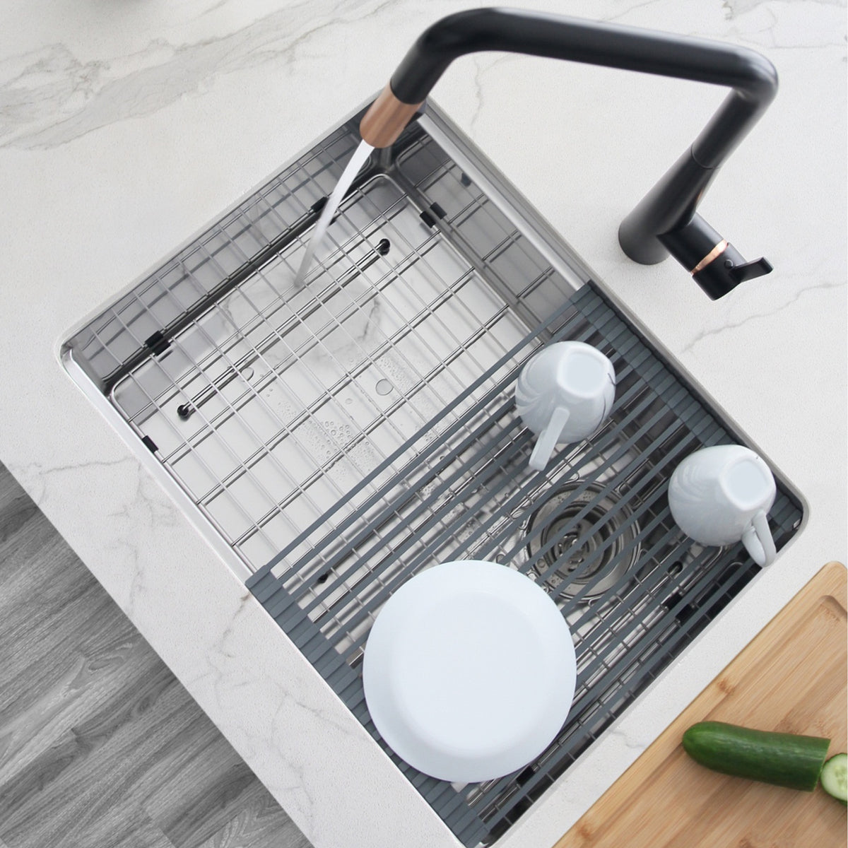 Stylish Multipurpose Over Sink Roll-Up Dish Drying Rack Dark Grey A-902DG