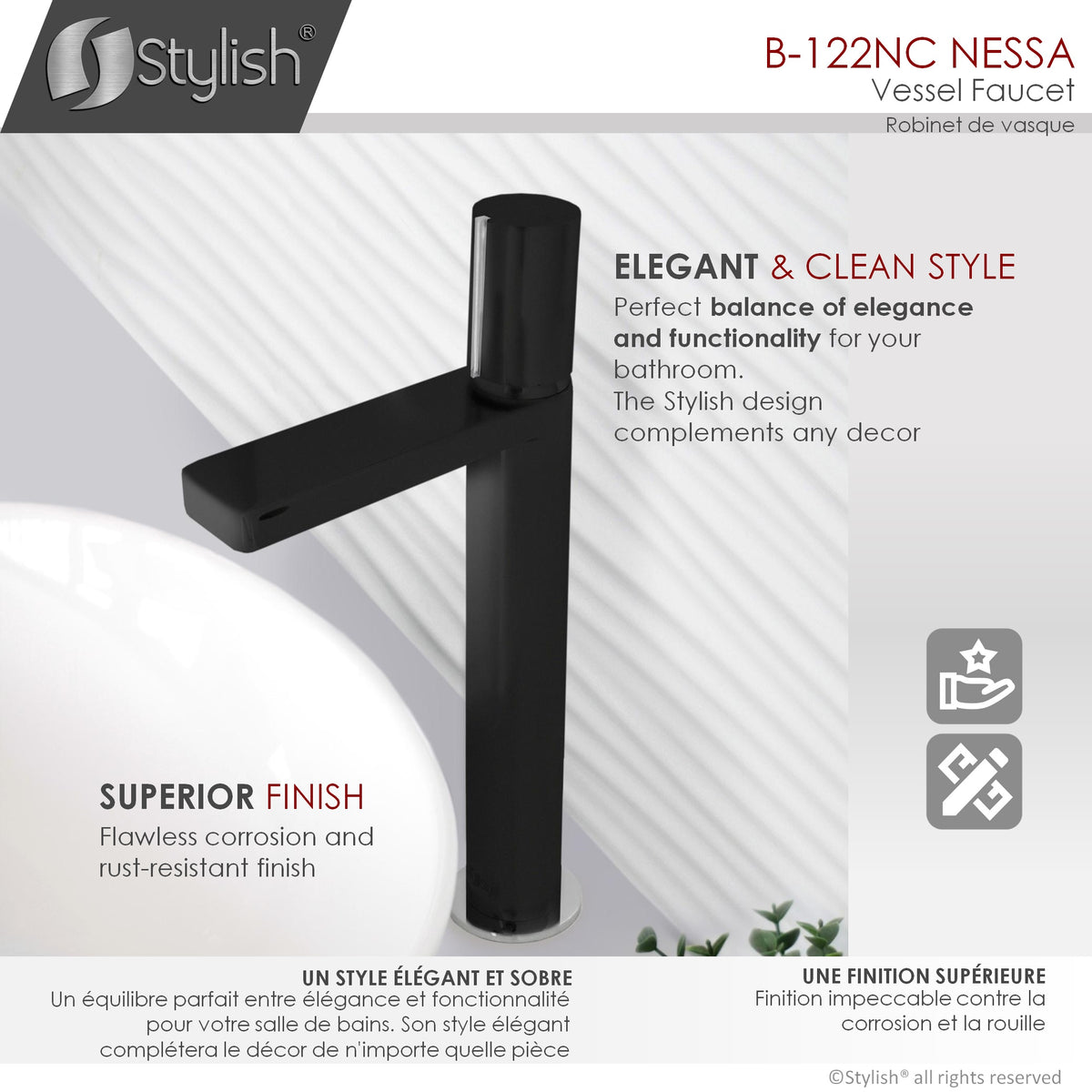 Stylish Nessa Bathroom Faucet Single Handle Matte Black with Chrome B-122NC