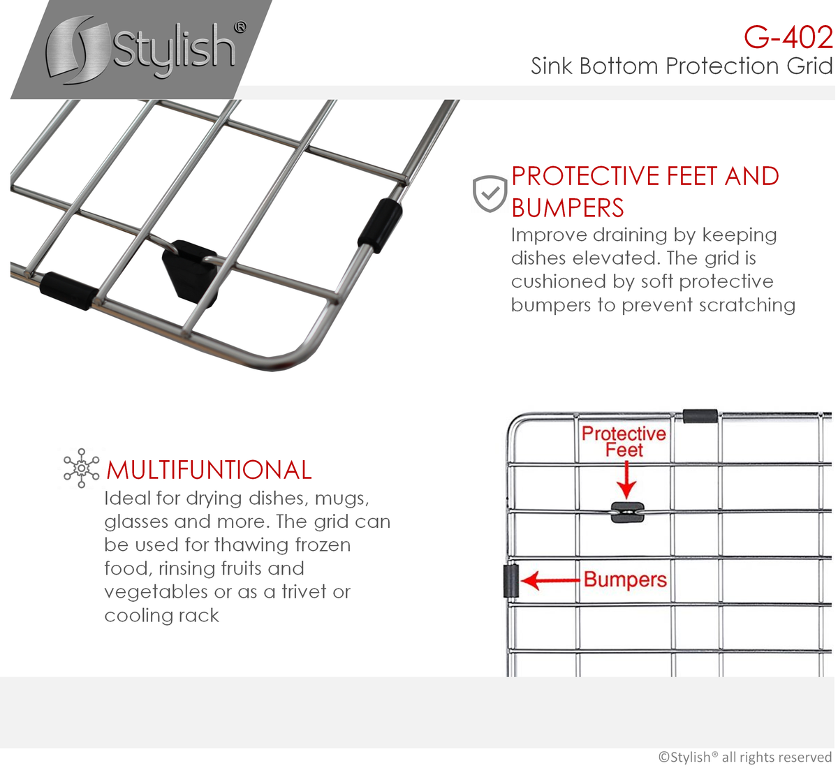 Stylish Valencia Stainless Steel Sink Grid for S-402 Sink G-402