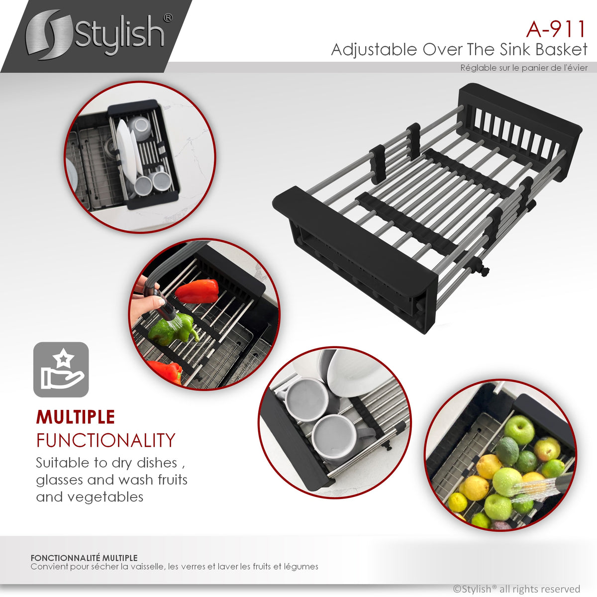 Stylish Adjustable Over the Sink Stainless Steel Dish or Vegetable Drainer Basket A-911