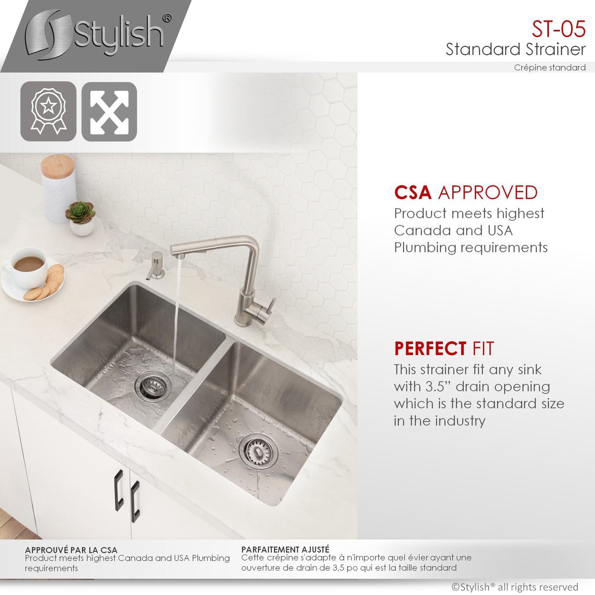 Stylish 3.5" Stainless Steel Kitchen Sink Strainer with Removable Basket Strainer Assembly ST05
