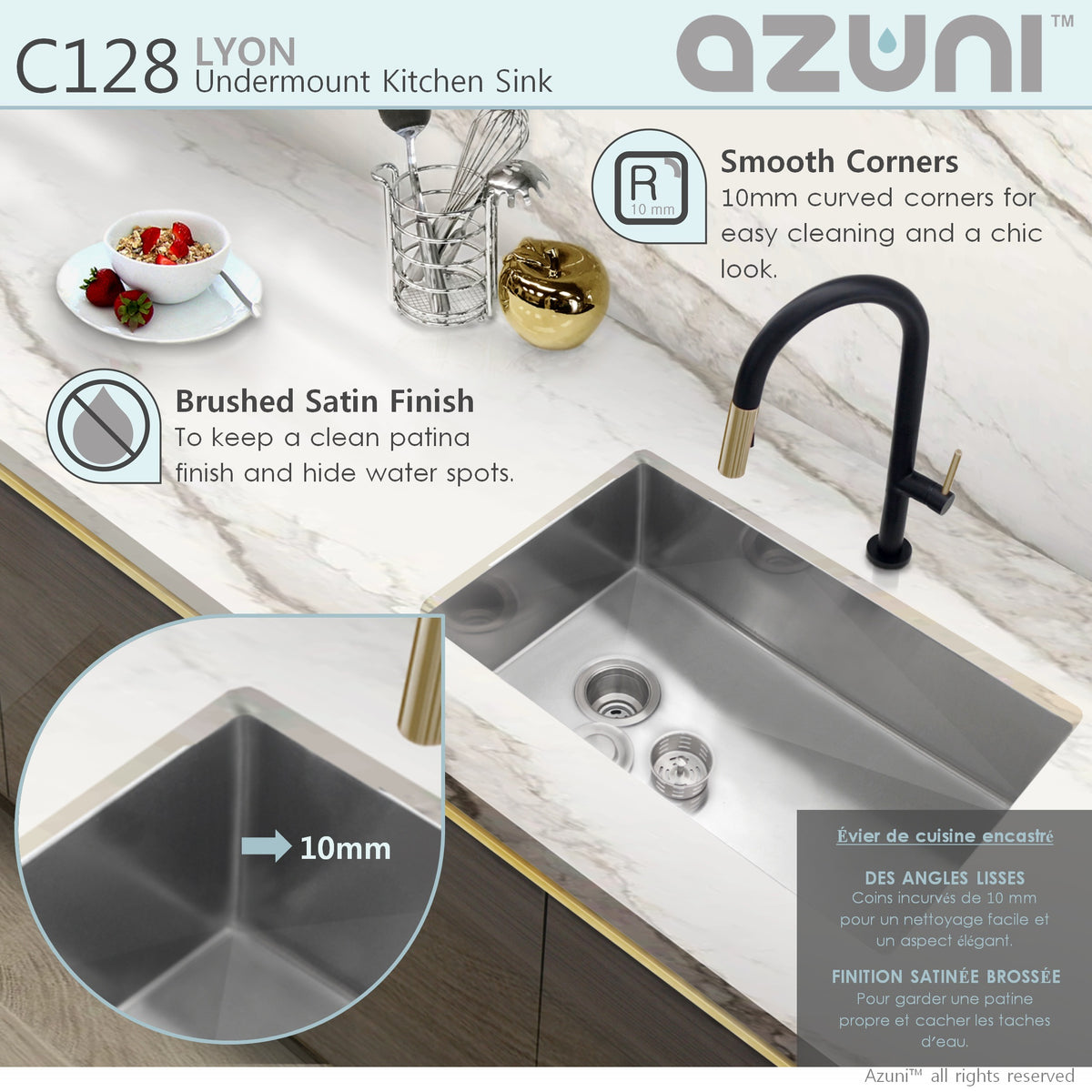 Stylish Azuni Lyon 28" Undermount Single Bowl Stainless Steel Kitchen Sink with Grid and Basket Strainer C128