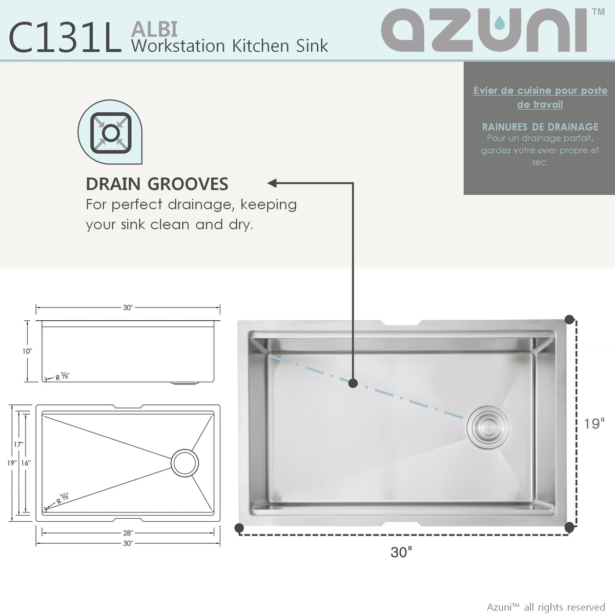 Stylish Azuni 30"L x 19"W Undermount Single Bowl Kitchen Sink Workstation with Accessories Included C131L