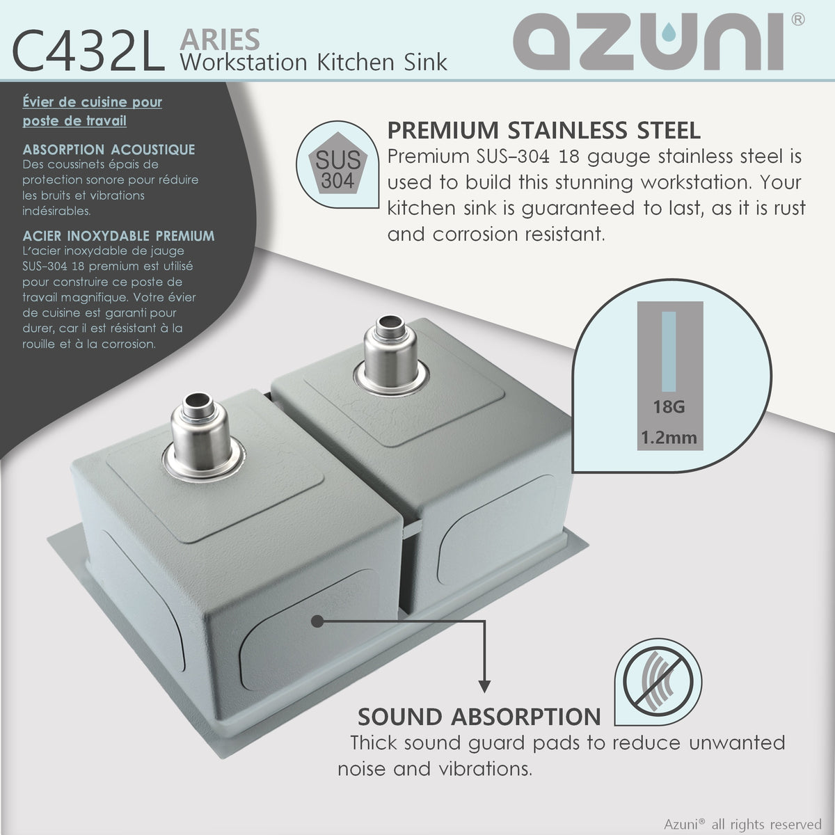 Stylish Azuni Aries 31" Top Mount Workstation 50/50 Double Bowl 18 Gauge Stainless Steel Ledge Kitchen Sink with Accessories C432L
