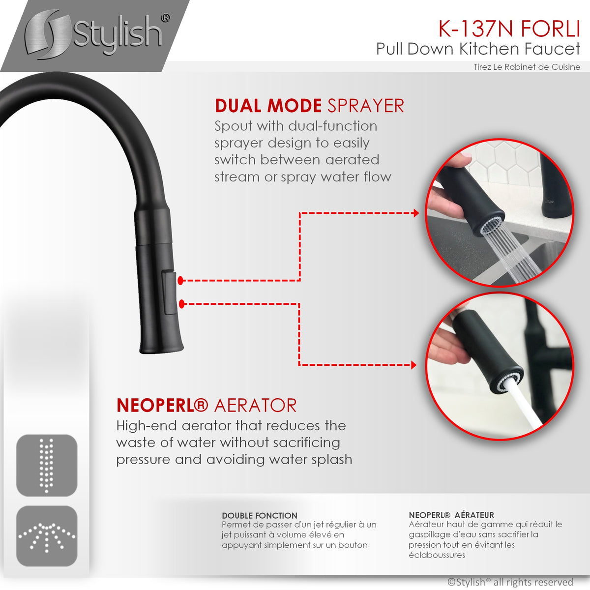 Stylish Single Handle Pull Down Kitchen Faucet Matte Black K-137N