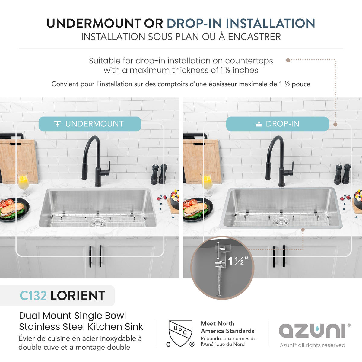 Stylish Azuni Lorient 32" Dual Mount Single Bowl Stainless Steel Kitchen Sink C132