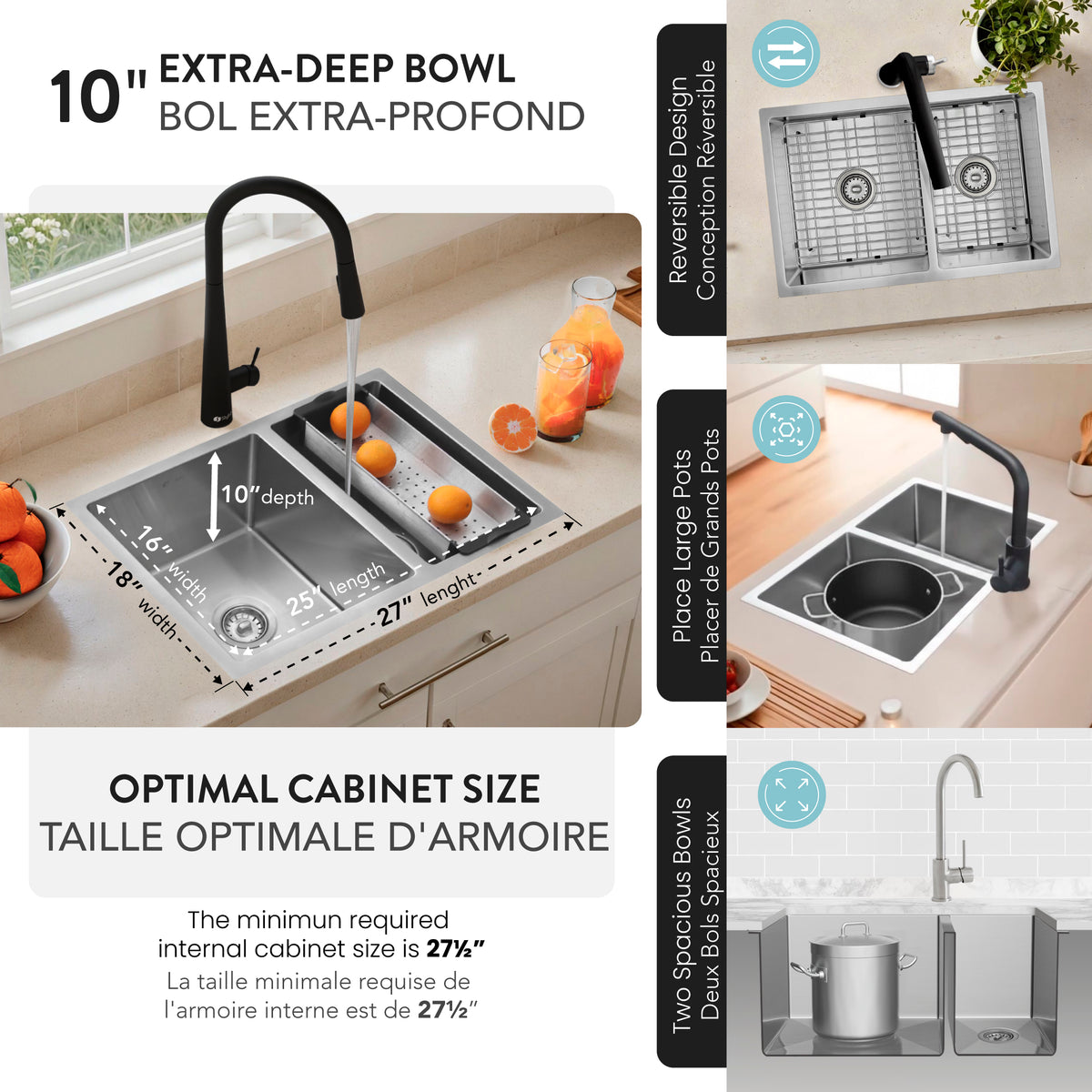 Stylish Azuni Dijon 27" Workstation 60/40 Double Bowl Stainless Steel Kitchen Sink with Accessories C227
