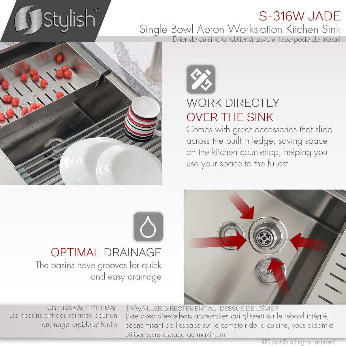 Stylish Jade Workstation Single Bowl Apron Front Stainless Steel Kitchen Sink with Accessories S-316W