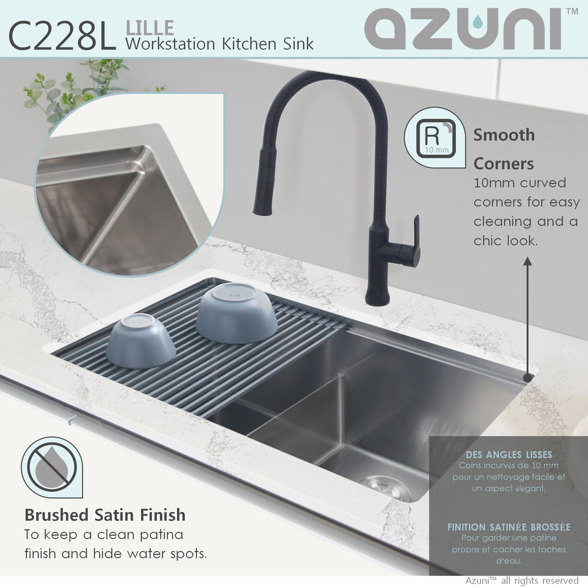 Stylish Azuni Lille 28" Workstation Double Bowl Stainless Steel Ledge Kitchen Sink with Accessories C228L