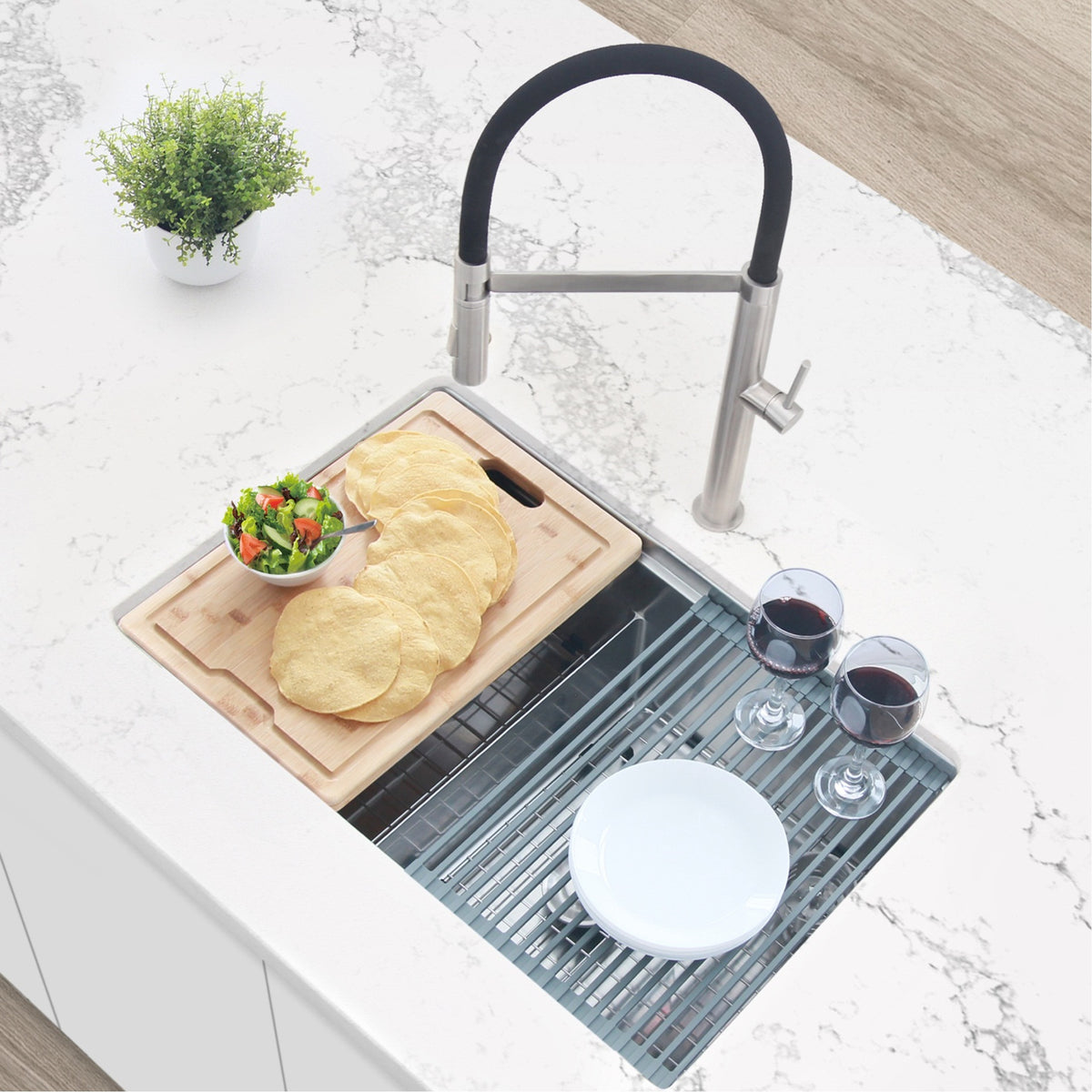 Stylish Azuni Lille 28" Workstation Double Bowl Stainless Steel Ledge Kitchen Sink with Accessories C228L
